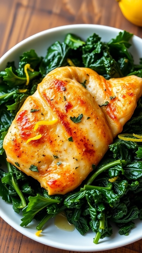 Lemon garlic chicken with sautéed kale on a rustic table, garnished with lemon zest.